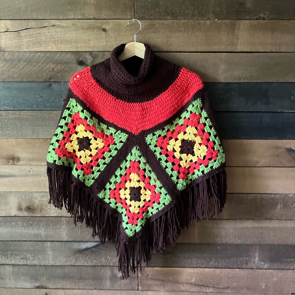 Vintage Handmade Crochet Granny Square Poncho with Fringe - Picture 8 of 8